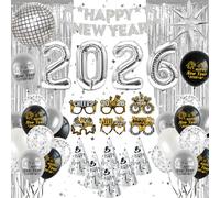 Decoration Nouvel An 2026,Deco Nouvel An Fête Ballon 2026,Happy New Year Bannière ,Ballon Confettis,Chapeaux Lunettes Fête Accessoires Photo,Rideaux Pailletés,Décorations Bonne Année Argenté