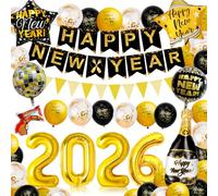 Décoration Nouvel an 2026,Deco Nouvelle Ans Noir Et Or,Or Numéro 2026 Avec Bonne Annee Banderole,Nouvelle Boule Disco 4D et étoile Deco Jour de l'an,Deco Reveillon Decoration de Fete Ensemble