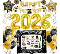 Decoration Nouvel an 2026, Or Noir Cotillons Nouvel an 2026, Happy New Year 2026 Bannière, 2026 Ballons Géants, Nouvel an Accessoires Photobooth Nouvel An Kit Fete Nouvel An