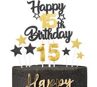 Décoration Or Noir Gâteau 15 Ans Anniversaire,9 Pièces Cake Topper 15 Ans,Bougies, Étoiles & Cœurs pour Cupcakes Décoration de Gâteau pour Femmes/Homme
