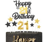 Décoration Or Noir Gâteau 21 Ans Anniversaire,9 Pièces Cake Topper 21 Ans,Bougies, Étoiles & Cœurs pour Cupcakes Décoration de Gâteau pour Femmes/Homme