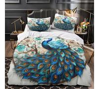 Décoration Paon Housse de Couette 3D Imprimée Microfibre résistante Hypoallergique Motifs d'oiseaux ornementaux Parure de Lit Fermeture Éclair Super Douce Respirante for Couple Single（135x200cm）