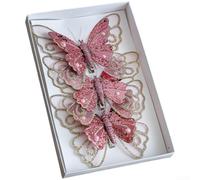 Décoration papillon en dentelle creuse double couche avec clip en maille pailletée pour suspendre le sapin de Noël, scintillement éclatant et placement flexible (rose)