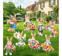 Décoration Pâques Jardin Extérieur Lapin - Lot de 8 Décorations Lapin de Pâques avec Piquets, Panneaux Jardin Étanches en Plastique Ondulé, Déco Pâques pour Pelouse, Allée, Terrasse, Chasse aux Œufs
