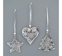 Décoration Pendentifs de Noël en métal Set de 3 - Lasercut Cœur, Étoile & Sapin de Noël 9 cm