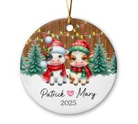 Décoration personnalisée en céramique avec motif vache ensemble pour 1er Noël en tant que Mr & Mrs 2025, décoration de mariage en céramique pour couple de vaches, cadeau souvenir de Noël pour juste