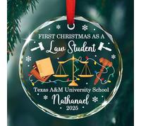 Décoration personnalisée pour 1er Noël en tant qu'étudiant en droit 2025, décorations de Noël en tant qu'étudiant en droit, ornement en verre personnalisé avec nom/nom d'école/année, cadeaux pour