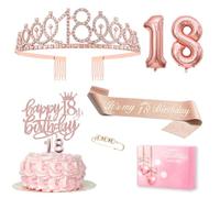 Décoration pour 18e anniversaire fille, couronne et écharpe 18e anniversaire, décoration de gâteau d'anniversaire et bougies, ballon en feuille d'aluminium or rose 18, cadeau 18e anniversaire pour