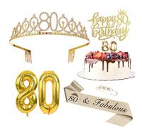Décoration pour 80e anniversaire femme, couronne et écharpe Happy Birthday, décoration de gâteau et bougies, ballon en aluminium doré 80, cadeau d'anniversaire pour femme de 80 ans