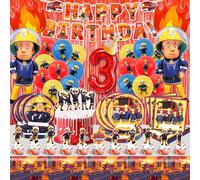 Décoration pour anniversaire d'enfant de 3 ans, camion de pompier, ballons de fête de pompier, avec serviettes, assiettes, bannières, décoration de gâteau