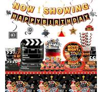 Décoration pour une soirée cinéma, 20 invités. L'ensemble comprend des assiettes, des serviettes, des gobelets, une nappe, une bannière et des guirlandes suspendues pour une fête cinéma avec
