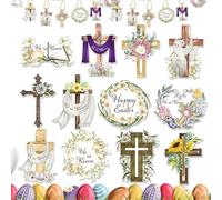 Décoration religieuse de Pâques pour arbre,ornements religieux de Pâques pour arbre - 24X Décorations de Pâques Religieux | Ornements en bois He Is Risen, vacances de printemps, Crucifixion chrétienne