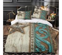 Décoration rustique en forme d'étoile 3D Imprimé Drap de couette 3 pièces Microfibre anti-tache Mur orné occidental Housse de couette 2 taies résistante déco chambre adulte Single (135x200cm)