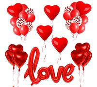 Décoration Saint Valentin 32pcs - Ballons Coeur, XXL Ballon LOVE, Confettis Coeur, Rouge - Kit Romantique pour Fiançailles et Anniversaire de Mariage