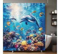 Décoration Salle de Bain Corail Dauphin océanique Rideau de Douche 3D Imperméable en Polyester Lavable, Anti-Moisissure 180x200 cm