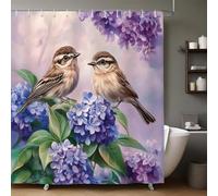 Décoration Salle de Bain Fleurs de Lilas et de mésange Rideau de Douche 3D Imperméable en Polyester Lavable, Anti-Moisissure 180x200 cm