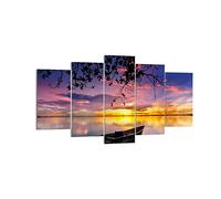 Décoration Salon Bateau Coucher de soleil Lac Ciel Moderne Impression sur Toile 160x85cm Image Tableau Decoration Murale Chambre Triptyque 5 parties Art Wall Tableaux Decoratifs Muraux EA160x85-2967