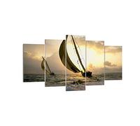 Décoration Salon bateau coucher du soleil le soleil Paysage Moderne Impression sur Toile 160x85cm Image Tableau Decoration Murale Chambre Triptyque 5 parties Art Tableaux Decoratifs EA160x85-3158