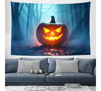 Décoration Tapisserie Murales Halloween Brouillard Forêt 3D, Tenture Murale Lanterne Citrouille Réaliste 180×230cm Tapisserie Murale Tissu Pour La Chambre À Coucher Décorations Murales, Bleu