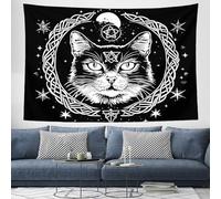 Décoration Tapisserie Murales Halloween Chat Noir 3D, Tenture Murale Obscurité Pentagramme Lune 150×200cm Tapisserie Murale Tissu Pour La Chambre À Coucher Décorations Murales, Noir