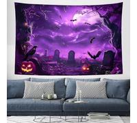 Décoration Tapisserie Murales Halloween Corbeaux Volants Pierre Tombale 3D, Tenture Murale Des Arbres Étranges 180×230cm Tapisserie Murale Tissu Pour La Chambre À Coucher Décorations Murales, Violet