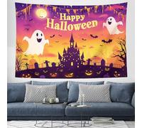 Décoration Tapisserie Murales Halloween Mignon Fantôme Maison Hantée 3D, Tenture Murale Château Chauves-Souris 100x150 cm Tapisserie Murale Tissu Pour La Chambre À Coucher Décorations Murales, Orange