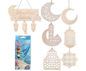 Décoration Umrah Mubarak - Déco Omra Mubarak, Ensemble de 7 pendentifs en bois pour une atmosphère religieuse et solennelle