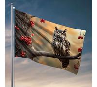 Décoration vintage chouette perchée sur une branche avec baies rouges Drapeau Décoration d'intérieur pour homme Décoration de bière pour caverne d'homme (60 x 90 cm)