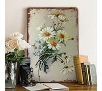 Décoration vintage en étain - Décoration murale rétro - Fleurs à l'ancienne marguerite blanche avec goutte de rosée - 30 x 20 cm - Décoration murale vintage pour cuisine