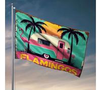 Décoration vintage Un camping-car vintage avec des palmiers et un flamant rose. Drapeau décoration d'intérieur pour homme Décorations de bière pour caverne d'homme (152 x 244 cm)