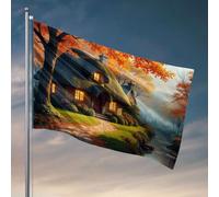 Décoration vintage Un chalet confortable niché par un ruisseau d'automne serein. Drapeau décoration d'intérieur pour homme Décorations de bière pour caverne d'homme (30 x 45 cm)