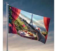 Décoration vintage Un chat profite d'un petit déjeuner confortable avec une vue de la tour Eiffel. Drapeau décoration d'intérieur pour homme Décorations de bière pour homme (120 x 180 cm)