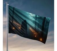 Décoration vintage Une figurine à capuche se tient dans un chemin de forêt éclairé par des bougies. Drapeau pour décoration d'intérieur pour homme, décoration de bière pour caverne d'homme (120 x 180