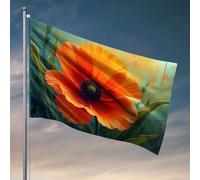 Décoration vintage Une fleur de coquelicot orange vif avec des feuilles vertes. Drapeau amusant pour chambre d'adolescente, fille, panneau de chambre d'université (60 x 90 cm)