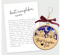 Décoration voisine - Carte « Best Neighbor Ever Story » - Cercle en bois avec scène de maison confortable - Rappel sentimental d'amitié - Célébrer les liens communautaires et la joie partagée