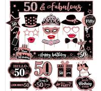 Décorations 50 Ans Femme - Kit de 25 Accessoires Photobooth Noir et Or Rose, Props Photo “Happy 50th Birthday” pour Fête d’Anniversaire