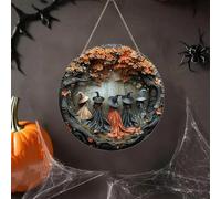 Décorations à suspendre en bois avec chapeau de sorcière d'Halloween et corbeau, motif de sorcière 2D, panneau de porte rond, design unique avec cinq sorcières pour décorations de devant