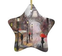 Décorations à suspendre en céramique pour sapin de Noël - En forme d'étoile - Double face - Rue pluvieuse à Paris - Décoration de vacances intérieure et extérieure