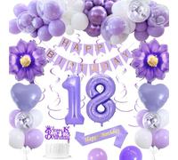 Décorations anniversaire 18 ans, décorations 18 ans anniversaire violet pour femmes ballons macarons violets blancs bannière HAPPY BIRTHDAY ballons numéro 18 décoration de gâteau