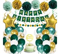 Décorations Anniversaire, Ballons Anniversaire Or Vert pour Garçon Filles Hommes Femmes Décorations Anniversair, 55pcs Décoration en Happy Birthday Bannière, Pom Poms, Suspendus Tourbillons