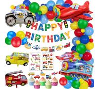 Décorations Anniversaire De voiture pour garçon - Décoration de fête avec ballons en aluminium,Happy Birthday Bannière, train, avion, camion de pompiers, Convient Anniversaire, Fête, école