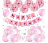 Decorations Anniversaire Fille Deco, SIMSPEAR Banderole Joyeux Anniversaire Ballon Avec Confettis Roses Pompom Rose Kit Rose Ballons pour Fille Decorations Petite Amie pour 1 An 2 Ans 3 Ans