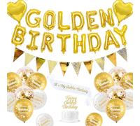 Décorations Anniversaire Or, Décorations Anniversaire Doré Ballon Golden Birthday Bannière Ballons Happy Golden Birthday Ballons Or Métallisés Blanc Ballon Cœur Écharpe Décoration de Gâteau