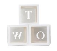 Décorations blanches pour un 2e anniversaire - Lot de 3 boîtes à ballons avec les lettres « TWO » pour garçons et filles, accessoires de séance photo de fête, cubes transparents pour une baby shower