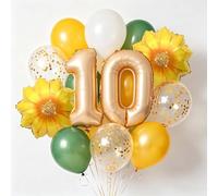 Décorations d'anniversaire 10 ans - Ballons tournesol pour garçons et filles - Champagne doré - Numéro 10 - Ballons jaunes et verts pour enfants - Décoration de fête (10 ans)