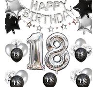 Décorations d'anniversaire 18 ans argentées et noires, bannière étoilée, numéro 18, ballons en aluminium en forme d'étoile, ballons à confettis pour garçons et filles