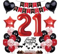 Décorations d'Anniversaire 21 Ans - Kit Rouge et Noir Pour Homme et Femme - Bannière Happy Birthday, Décoration de Gâteau, Ballons de Fête - Cadeau Pour 21e Anniversaire