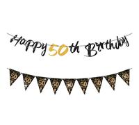 Décorations d'anniversaire 50 ans, bannière noire « Happy 50th Birthday » - Drapeaux triangulaires décoratifs à paillettes - Bannières de drapeau Happy 50 - Décoration de fête personnalisée, noir et