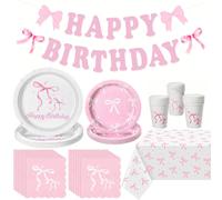 Décorations d'anniversaire à nœud rose - comprend des assiettes à nœud, des serviettes, des tasses, une bannière, des tourbillons suspendus pour des décorations d'anniversaire de Coquette Nappe - 1 pi