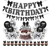 Décorations d'anniversaire avec nœud noir Bannière de joyeux anniversaire Guirlande à paillettes sur le thème du nœud Ballons noirs et blancs Décorations de gâteaux et de cupcakes Décorations
